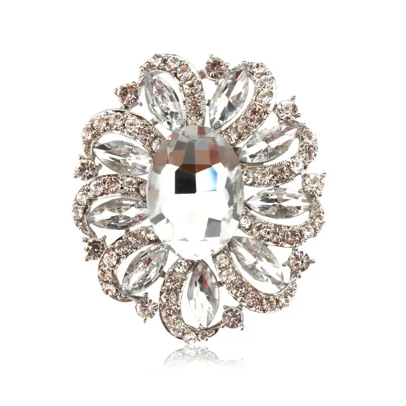 WEIMANJINGDIAN брендовая блестящая большая овальная стеклянная брошь в виде цветка с кристаллами на булавке модная одежда шляпа шарф ювелирные изделия для женщин - Окраска металла: clear silver