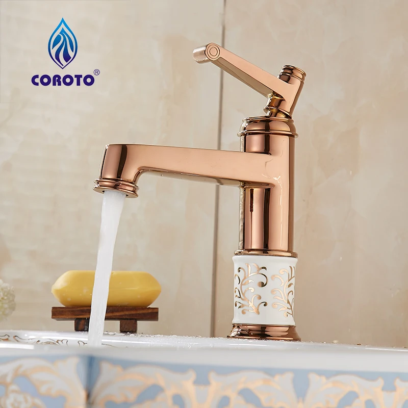 Coroto النمط الأوروبي الذهب تصفيح الفاخرة حوض الحمام الحنفية واحدة مقبض الغرور بالوعة خلاط مياه الحنفية مع السيراميك 8801C