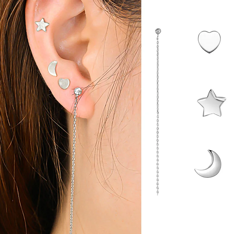Crazy Feng звезда серебряного цвета и луна серьги-гвоздики комплект ювелирных изделий дамы кристалл цепи линии серьги аксессуары для влюбленных 4 шт./лот