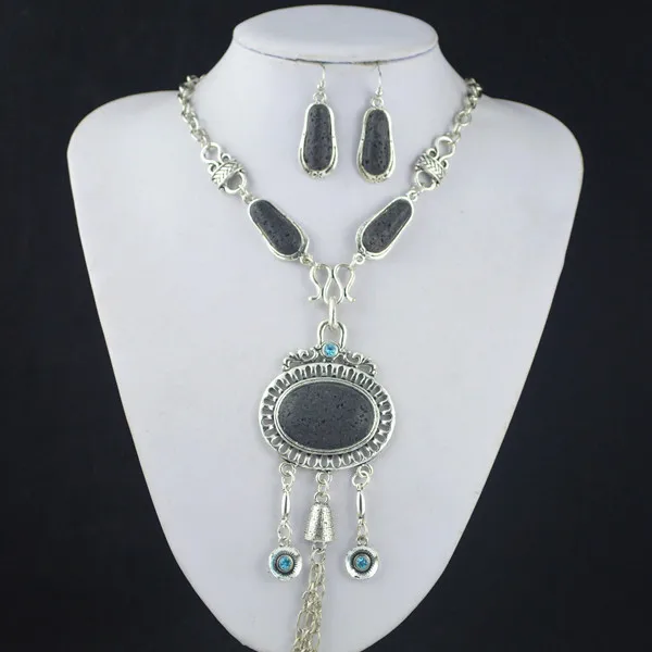 AA33 Red Lava Stone Necklace Pendant & Earring Jewlery Set ,Women Gift,Vintage Look,Tibet Alloy photo