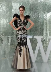 Невест горничная макси длинные большие размеры Длинный дизайн Couture v-образным вырезом с курткой Аппликации Русалка вечернее платье для
