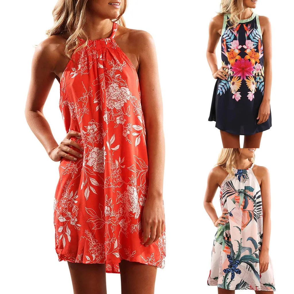 

Women Sleeveless Dresses Halter Neck Floral Print Casual Summer Mini Dress Fashion beach dresses 2019 Ladies Dress Dropshipping