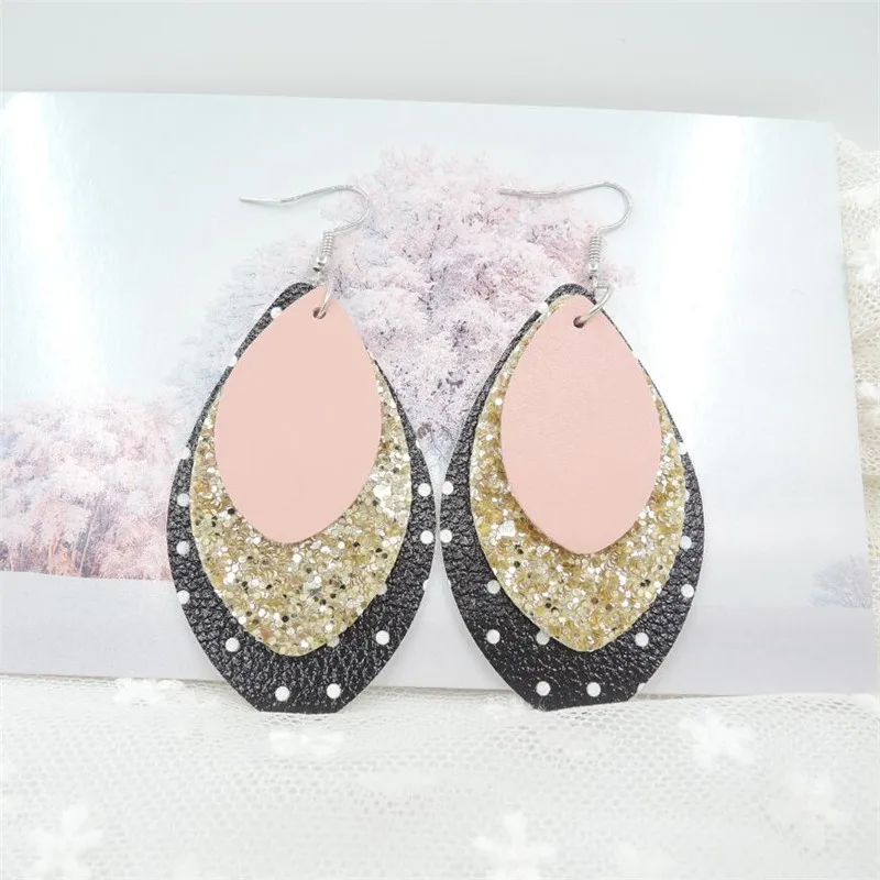 

2019 Trendy Glitter Teardrop Flag Leather Earrings for Women Lightweight Pu Leather Earrings Summer Statement Earrings Wholesale