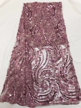 

onion color handmade french beaded lace fabrics 2018 3d flower sequins fabric luxury full beaded bridal lace fabric 5yard (FJ194