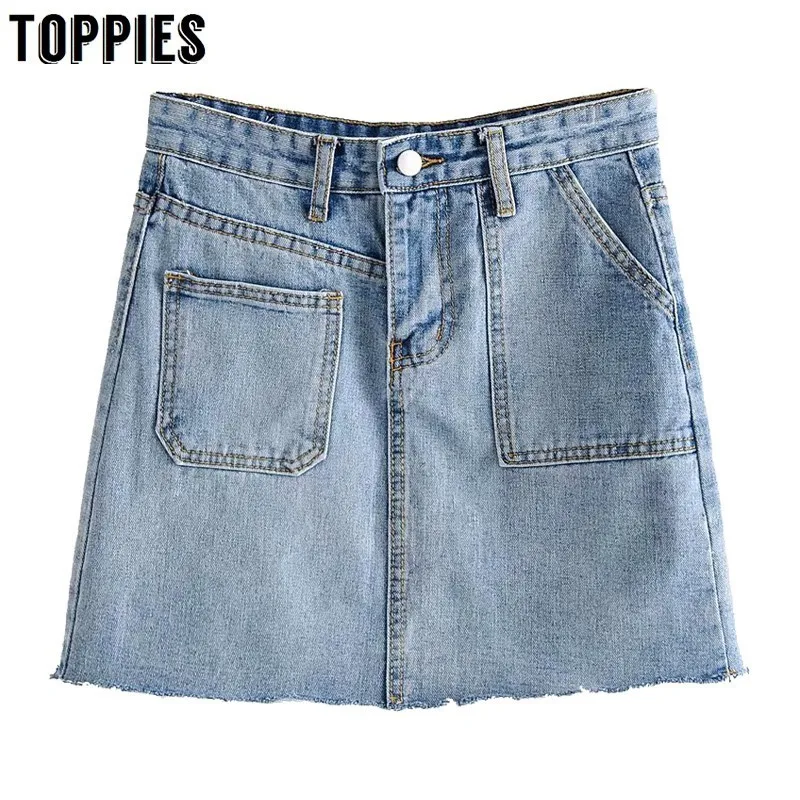 

2019 Casual Blue Mini Denim Skirts Irregular Hem Summer High Waist Pockets Jeans Skirt A Line Saia Streetwear
