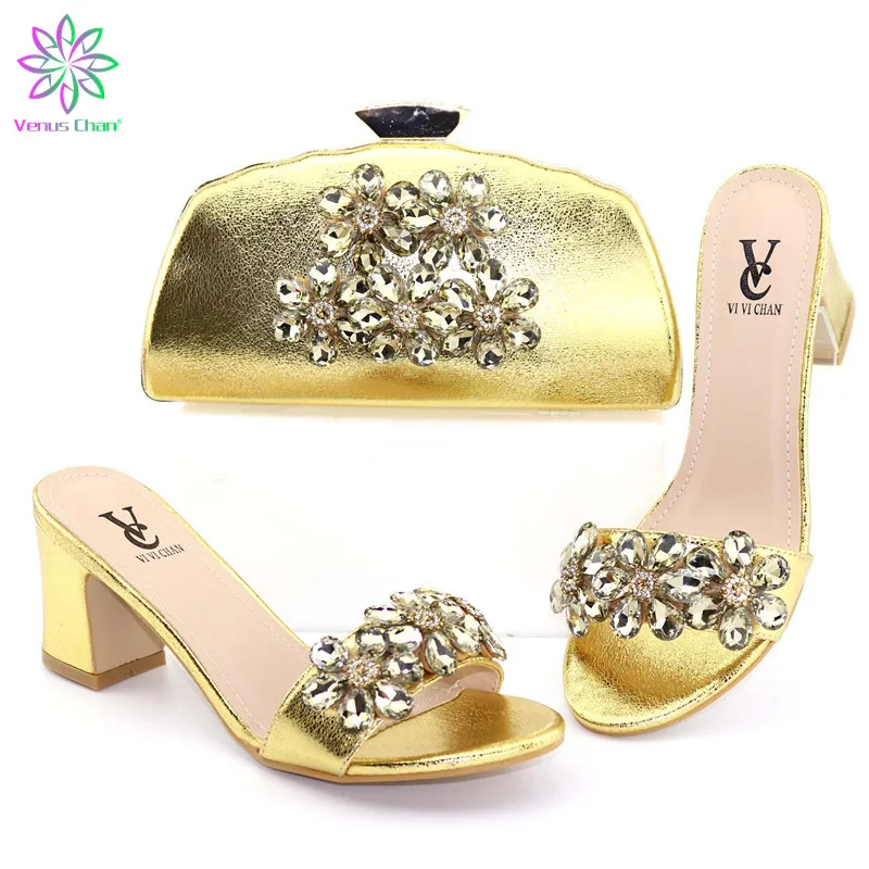 

Gold Matching Shoes and Bag Set Decorated with Rhinestone Shoe and Matching Bag for Nigeria Party African Women Shoes Bags Set