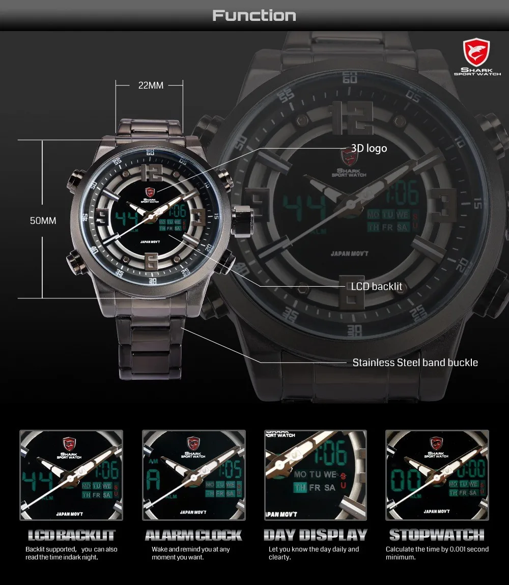 Акула спортивные часы для мужчин Дата lcd Dual Time Черный Белый будильник полный стальной ремешок часы кварцевые мужские s армейские цифровые наручные часы Kitefin