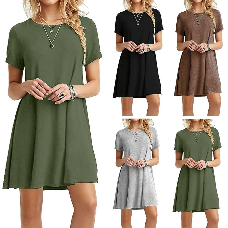 Women One-pieces Dress Solid Color Short Sleeves Oversize Casual Dress for Summer FDC99
