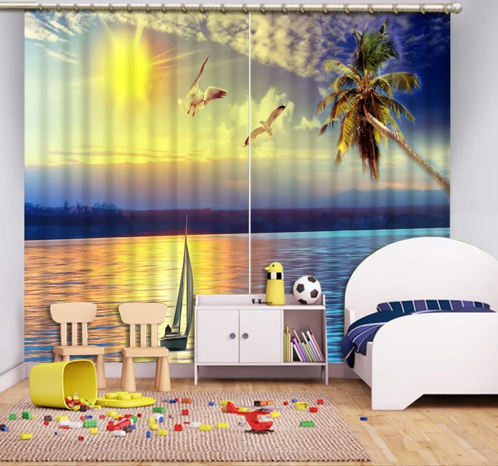

3d curtains printed Custom any size Sunset sea view seagull beautiful window curtains patterned window curtains