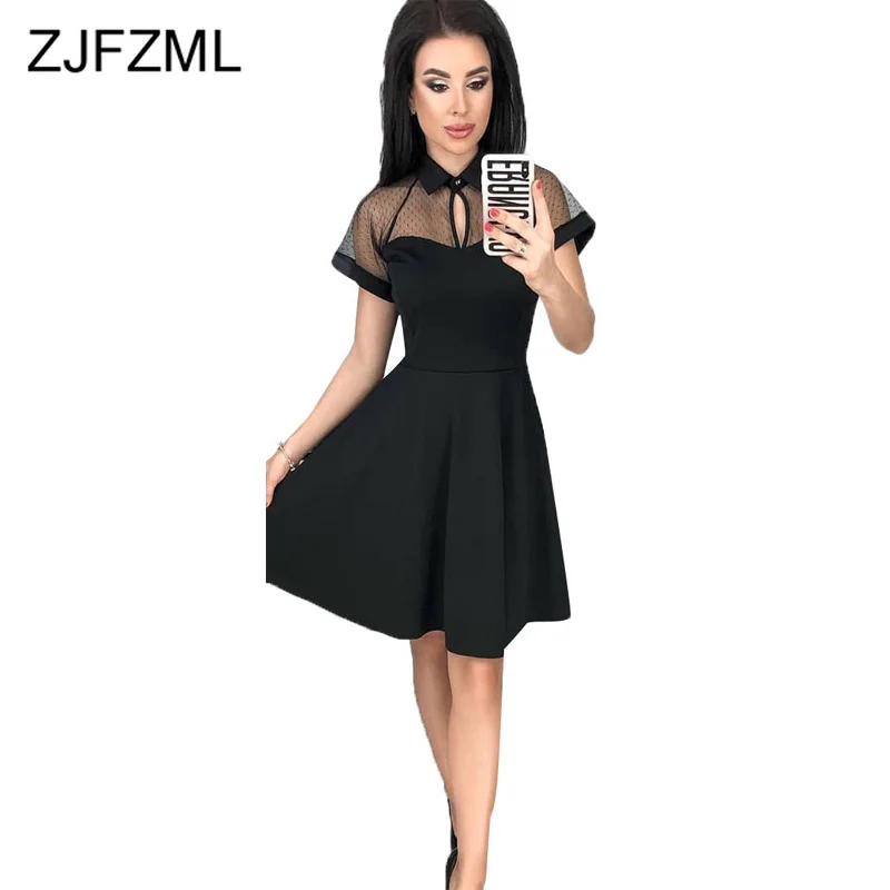 

Mesh Patchwork Elegant A Line Dress Women Black Turn Down Collar Short Sleeve Party Dress Summer Blue High Waist Pleated Dress