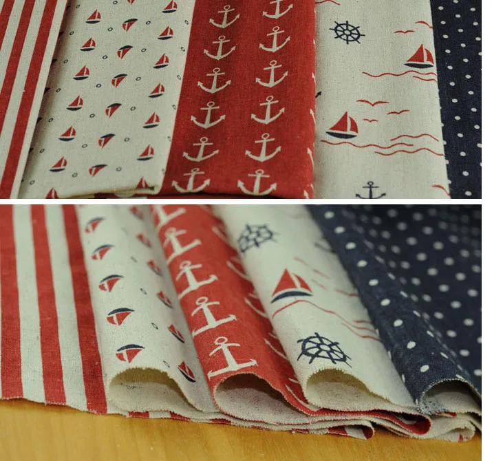 Red blue navy boat patchwork Linen Cotton Fabric Handmade Patchwork