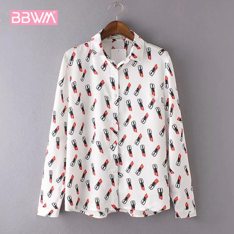 

Korean version of the slim long-sleeved lipstick printed chiffon shirt autumn simple wild elegant women's shirt 2018 white black