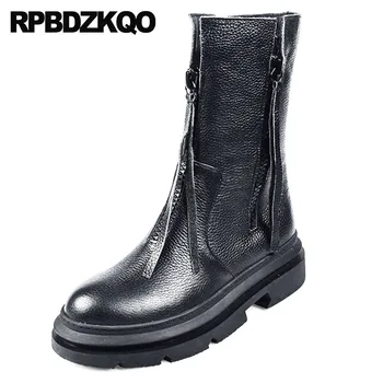 

military handmade luxury brand shoes women mid calf flat muffin flatform combat european black boots winter fringe platform