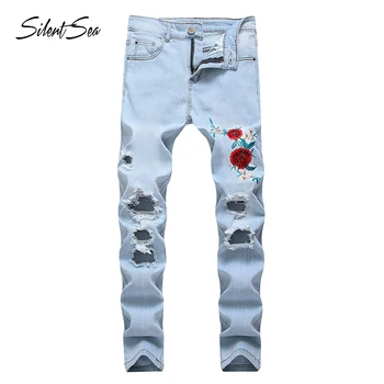 

Silentsea new hip hop Famous Flower Embroidered Jeans Straight knee hole Mens Printed Fashion Male Denim Trousers jeans pants