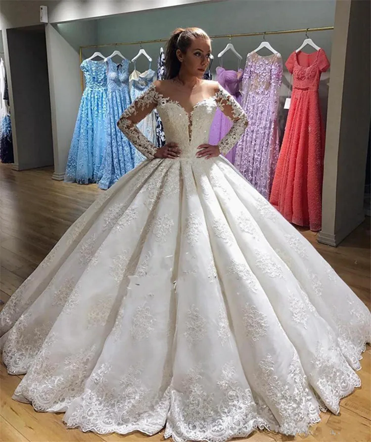 

Arabic Ball Gowns wtih Lace Appliques Crystals Sequins Pleats Sheer O-Neck Plus Size Formal Bridal Gown Long Sleeves Custom Made