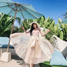 Модные эластичный галстук-бабочка Высокая талия юбка модная женская кружевная юбка с тюлем длинные юбки-пачки