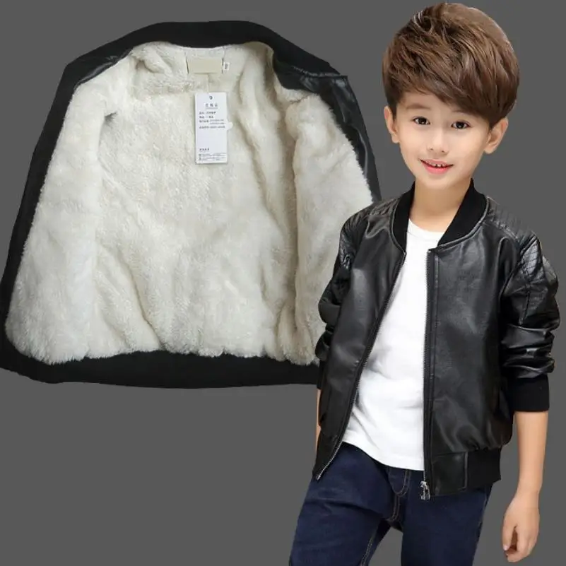 

2019 New pattern Boys Coats Autumn Winter Fashion Korean Children's Plus Velvet Warming Cotton PU Leather Jacket For 2-12Y