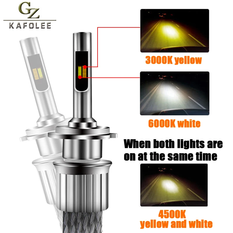 GZ KAFOLEE триколор h7 led 6000K 3000K 4300K H11 светодиодные лампы авто светильник H1 H4 H9 Led 12000lm 9005