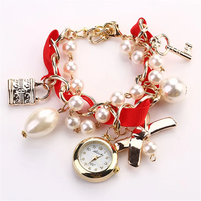 

2015 Hot Sale 5Color Fashion Artificial Pearl Bowknot Bracelet Women Watch Charm Gold Pendant Casual Quartz Wristwatches