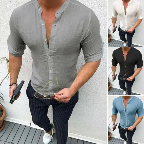 Мужские льняные рубашки с воротником-стойкой рубашки на пуговицах с коротким рукавом Повседневные Классические однотонные
