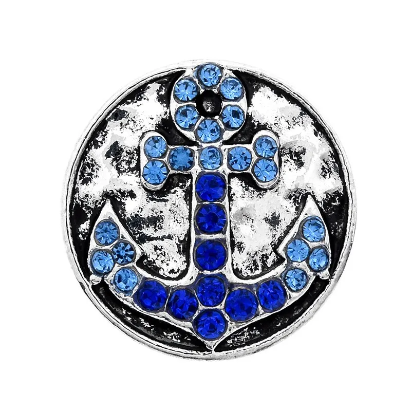 

New Blue Crystal Anchor Snap Charms 18MM Snap Button Jewelry Rhinestone Metal Snap Buttons fit Diy Snaps EBT034