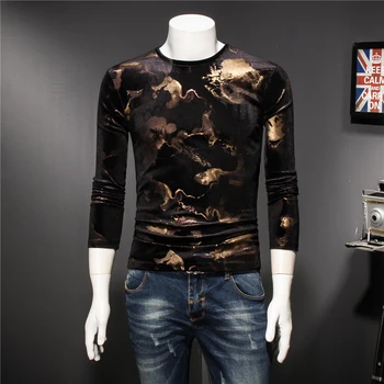 

Chinese style bronzing jacquard fashion luxury long sleeve t shirt Autumn 2018 quality pluche soft comfortable t shirt men M-5XL