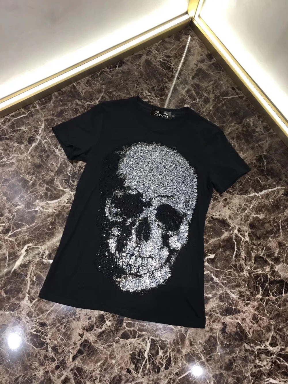 Tanie DUYOU męskie projektant t shirty męskie z krótkim rękawem moda rhinestone duża czaszka koszulka męska męskie wysokiej jakości 100% koszulki bawełniane fzw070