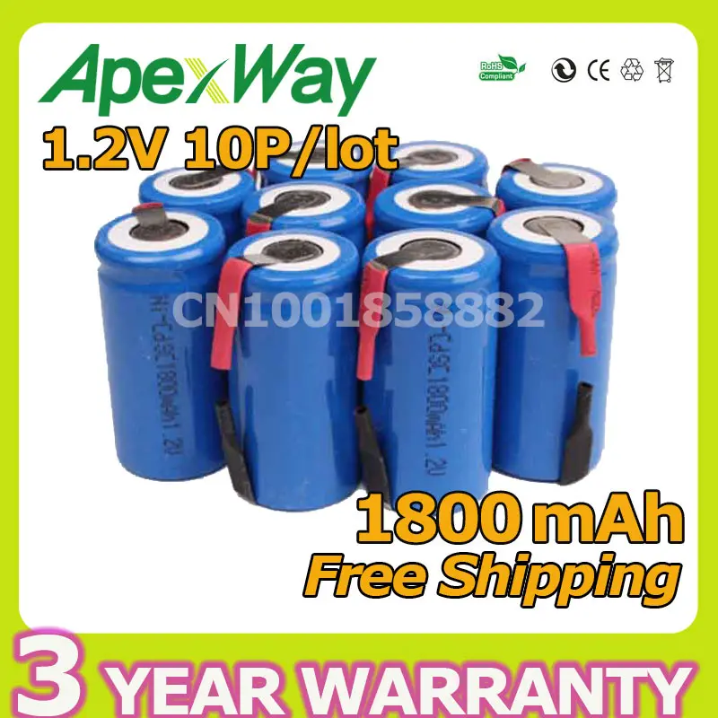 

Apexway 10pcs/lot 1800mAh 1.2V NI-CD nicd ni cd Rechargeable Batteries fiee shipping and high quality