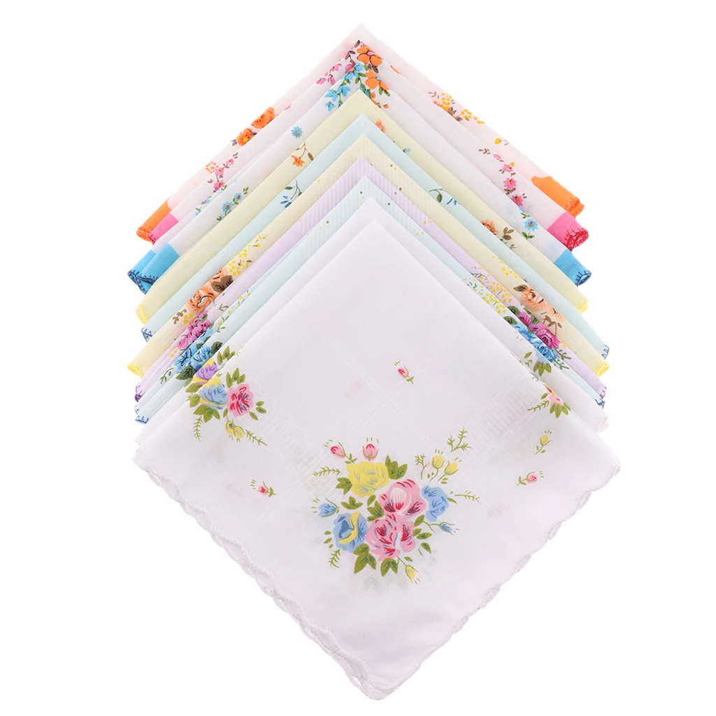 Lenço com borda ondulada para mulheres, lenços Hanky estampados em algodão, design de bolso, 10x