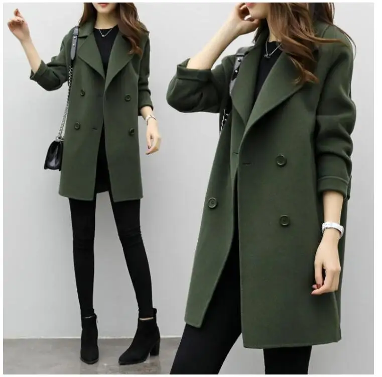 

Fashion wool coat Autumn Winter wool long coat women jacket casaco double breasted overcoat casual outerwear black/green2017