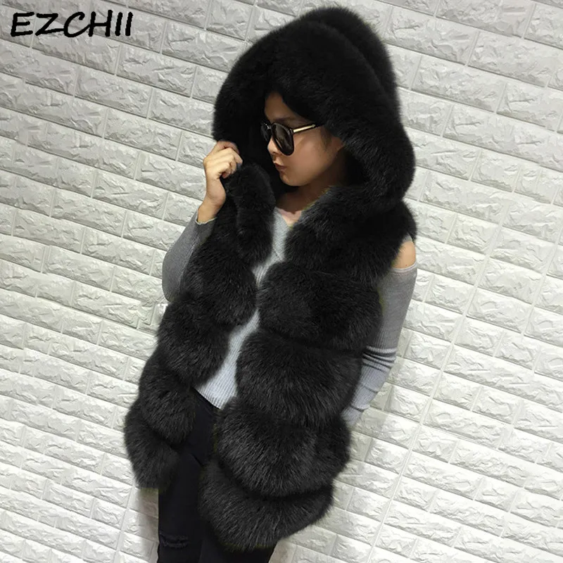 

Autumn Winter Women Faux Fur Vest Coat Thick Warm Fur Casual Sleeveless Jacket Wich Fur Tirm Hood Slim Colete Feminino
