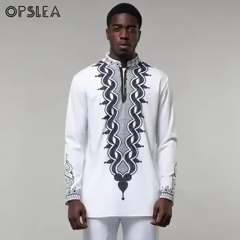 

Opslea African Men Long Sleeve Shirt Dashiki 2019 Fashion New Tribal Print Slim Fit Top White Stand Collar Clothes Camisa Hombre