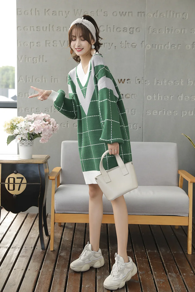 Loose Knitted Sweater V Neck Sweater Female 2018 Women Sweaters dress Pullovers Autumn Long Sleeve Sweater Jumper (14)