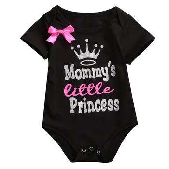 

Kids Baby Girls Bowknot Rompers Black White Infant Baby Girl Short Sleeve Mommy Daddy Print Crown Romper Jumpsuit Clothes Outfit