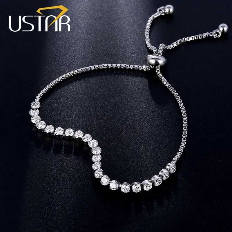 USTAR قابل للتعديل تنس أساور للنساء AAA مكعب زركونيا الفضة اللون سلسلة الإسورة وسوار فام مجوهرات الزفاف