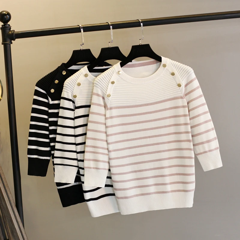 

Women Pullover Sweater 2019 Spring Autumn Half Sleeve Pullovers Button Decorate Striped Knitted Sweaters Female Tops