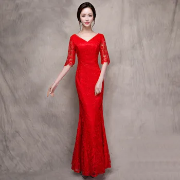 

Long Slim Fishtail Cheongsam Women Chinese Traditional Dresses Ladies Wedding Dress Qipao for Evening Party Toastmaster Clothing