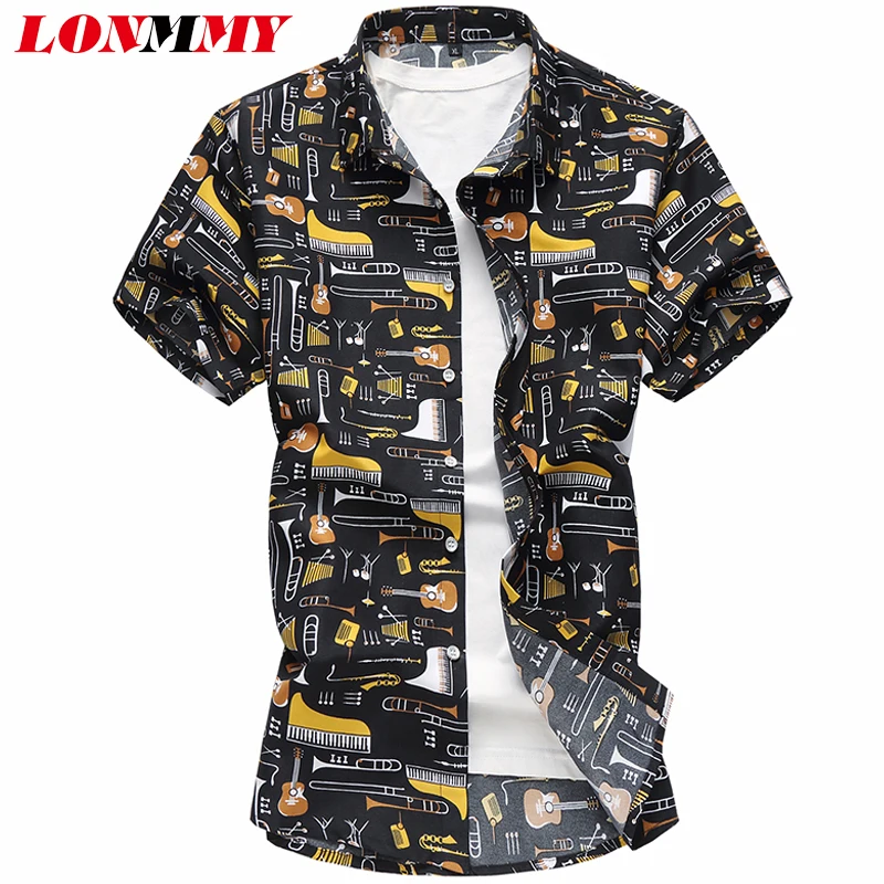 LONMMY 6XL 7XL, цветочные мужские рубашки, блузы, повседневные, с рисунком гитары, в стиле панк, с коротким рукавом, с цветочным рисунком, рубашки, Мужская одежда, лето