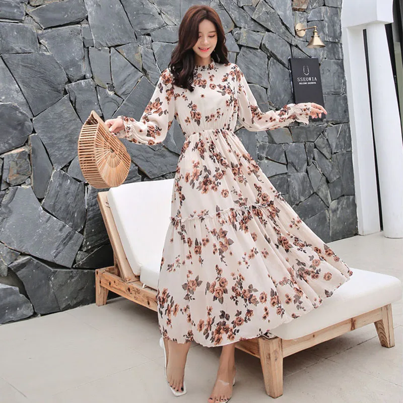 The New Women's Clothing Dress Fashion Temperament Ruffles Collar Chiffon Print Slim Waist Dress Long Bohemian Beach Dress