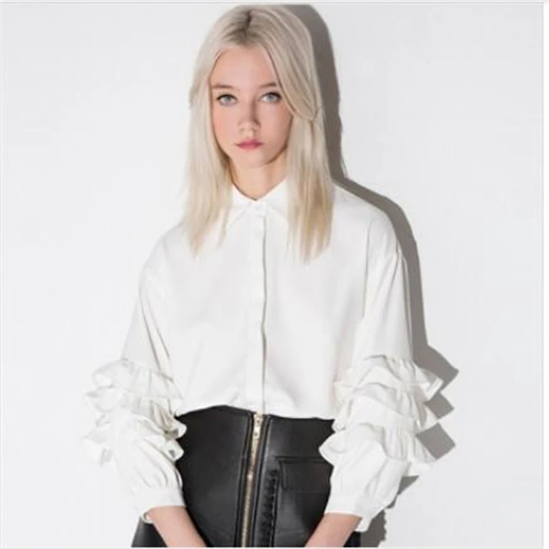 

2019 New Fashion Ruffles Women Short Blouse Female Summer Autumn OL Long Sleeve Stand-Collar Slim Cascading Shirt CQ1199