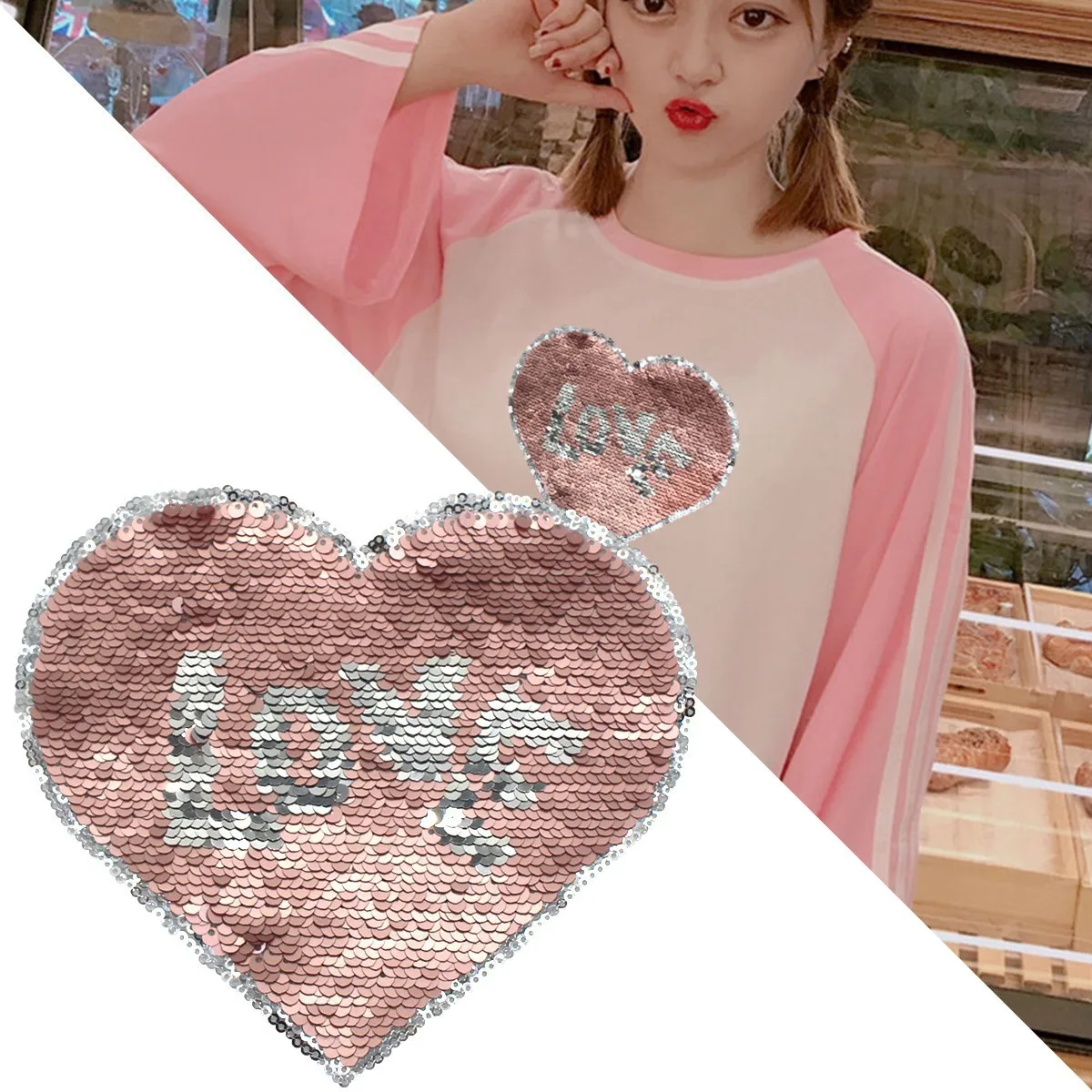 

Love Hearted Reversible Sequined Sew On Patches for clothes DIY Coat Embroidered Paillette emoji Patch Applique