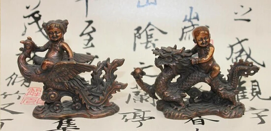 

xd 003191 Chinese fengshui Bronze Boy Girl Ride Dragon Phoenix Auspicious Statue