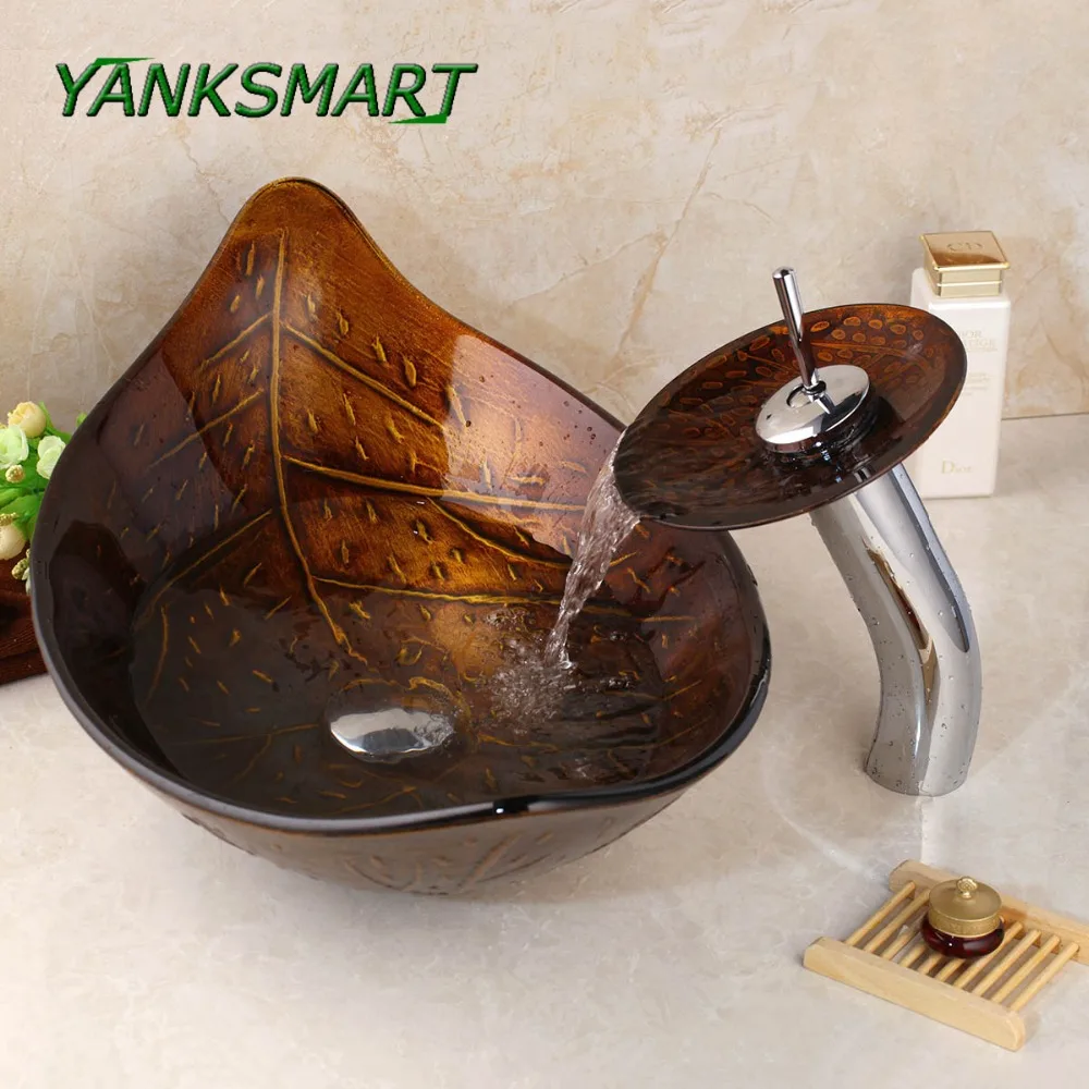 YANKSMART коричневый лист закаленное стекло раковина для умывальника кран набор