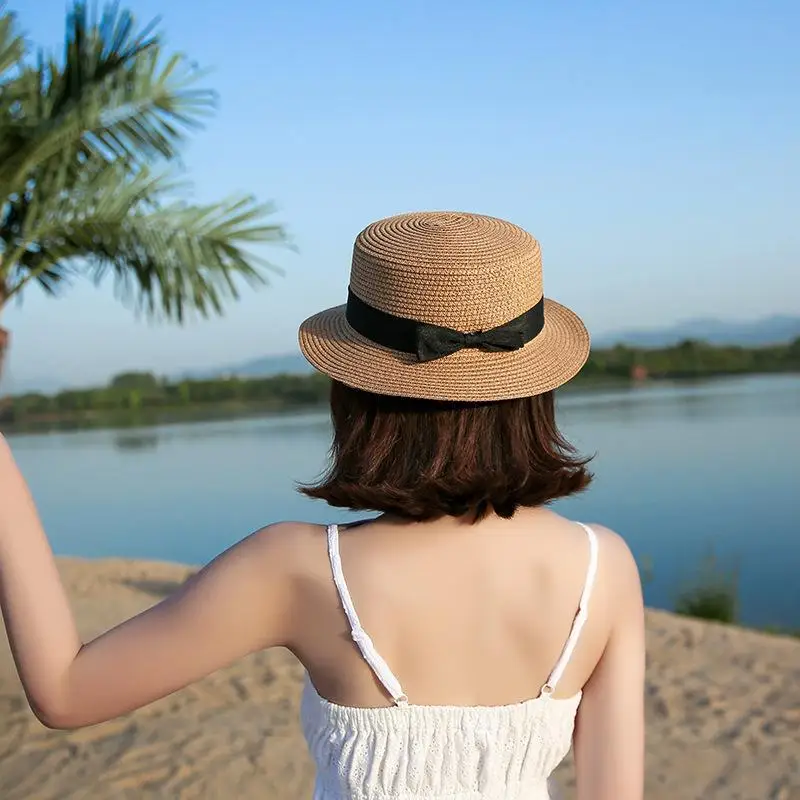 Panama Hat Female Casual Lady Women Simple Summer Beach Flat Brim Bowknot Straw Cap Girls Sun Hat