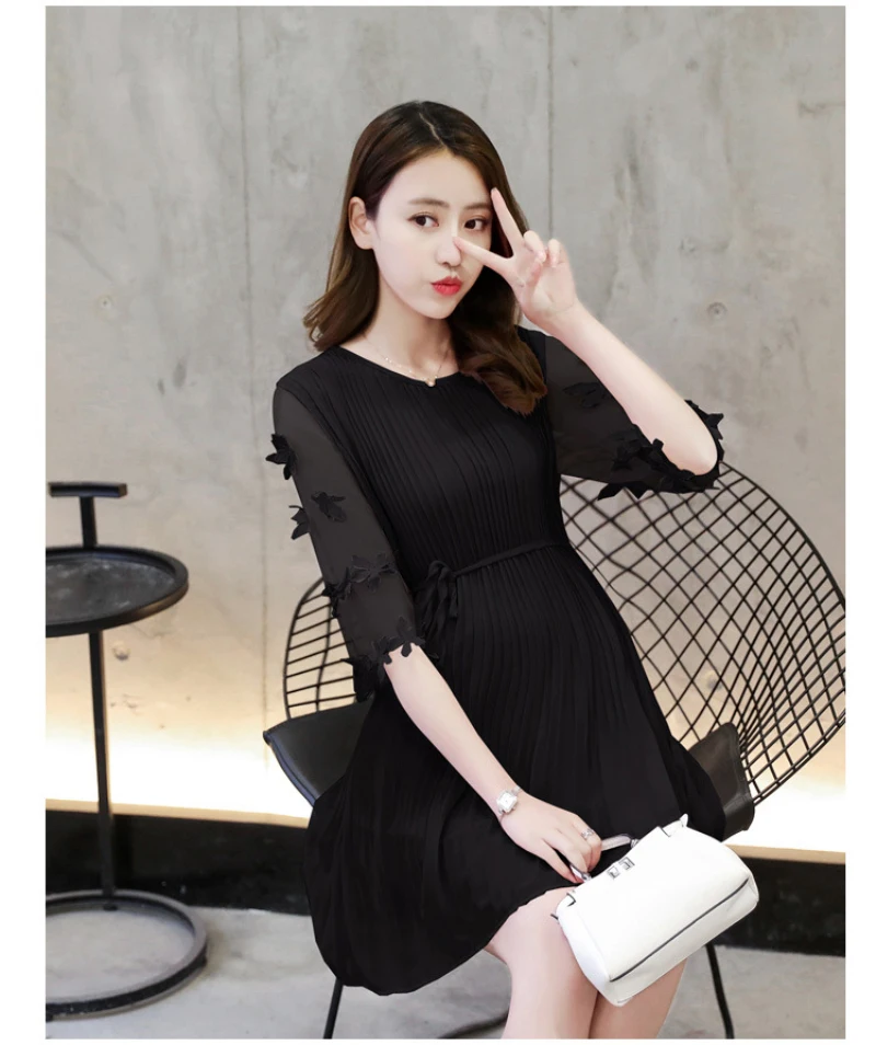Maternity Women Chiffon Sheer Pleated Dress 3D Flower Half Sleeve Chic Cute Pregnancy Tops Summer Style Pink Black Gray Dress  (10)