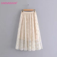 LUNDUNSHIJIA элегантные сетчатые юбки с жемчужной вышивкой для женщин, модная многослойная юбка летние белые плиссированные юбки с высокой талией