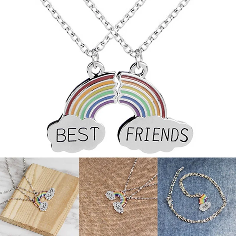 

Trendy Best Friends Pendant Necklace Rainbow Broken Heart Necklace For Women Silver Chain BFF Friendship Jewelry