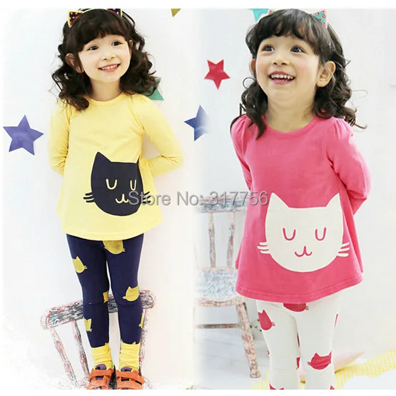 

Retail Girl Children's Clothing Spring and Autumn Fashion Cat Printed Kit Girls Clothing Sets 2pcs Girl T-shirt Leggings