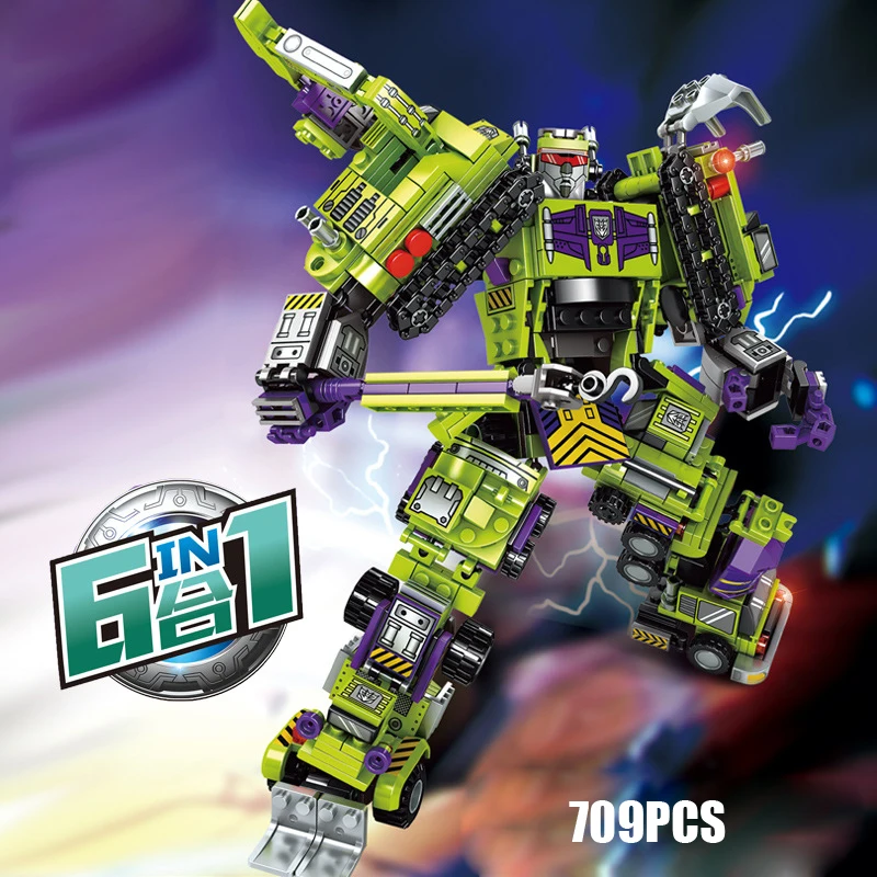 

6IN1 super transformation robot Devastator brick Engineering vehicle building block worker figures Hook Scrapper Bonecrusher toy