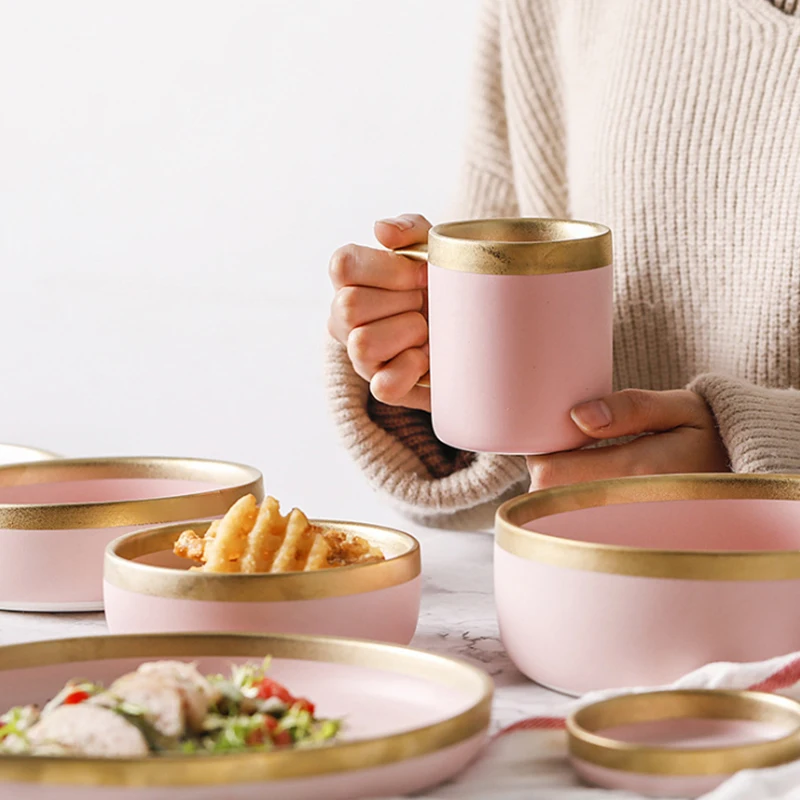 1pcs European Style Matte Powder Gold Ceramic Western Tableware Rice Dish cup Steak Dish Western Dessert Plate Nordic Style